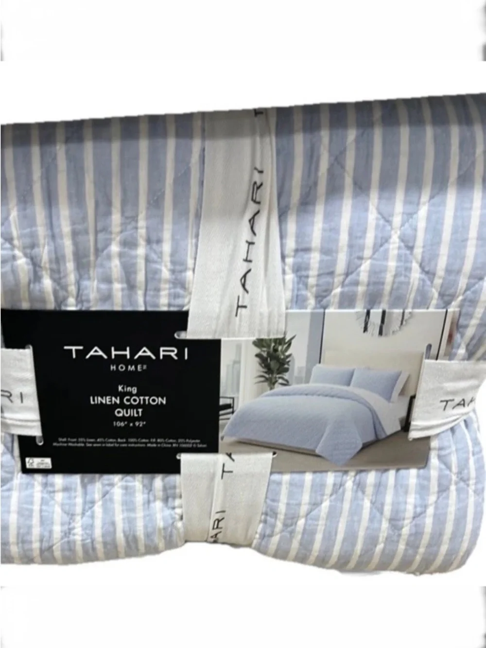 Tahari Blue and White Linen Cotton Blend European Grown Flax Quilt 106”x92”